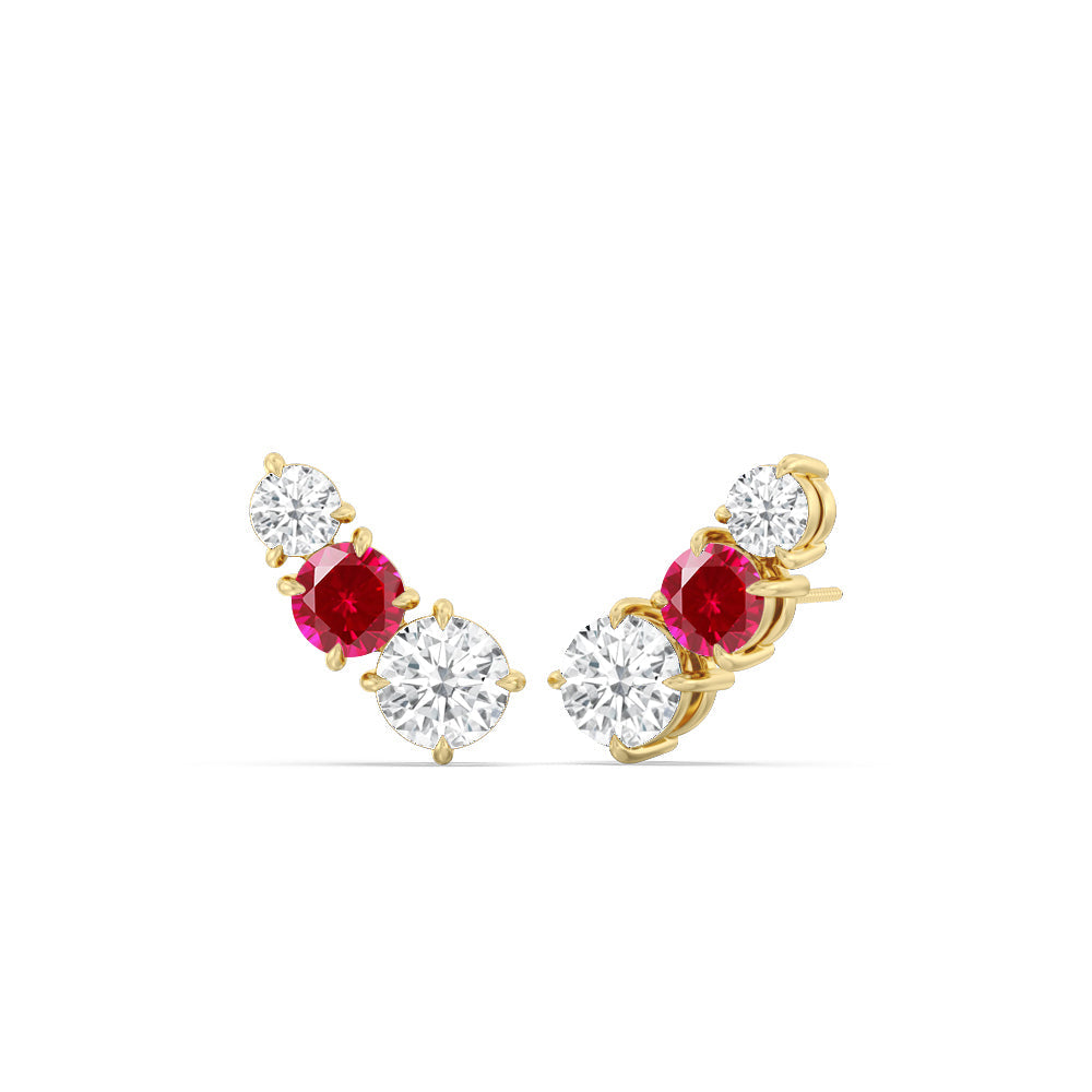 Trilogy Graduating Climber Diamond and Created Ruby Earrings with 14KT Yellow Gold Cut Diamond in 14KT Yellow Gold view 1
