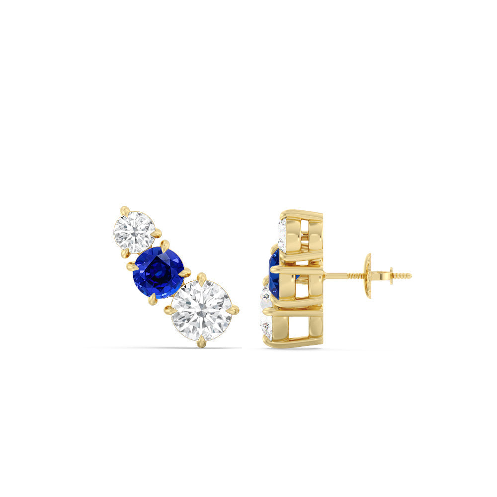 Trilogy Graduating Climber Diamond and Created Sapphire Earrings with 14KT Yellow Gold Cut Diamond in 14KT Yellow Gold view 2
