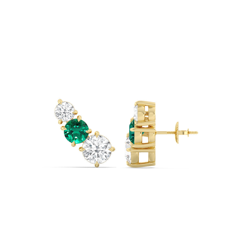 Trilogy Graduating Climber Diamond and Created Emerald Earrings with 14KT Yellow Gold Cut Diamond in 14KT Yellow Gold view 2

