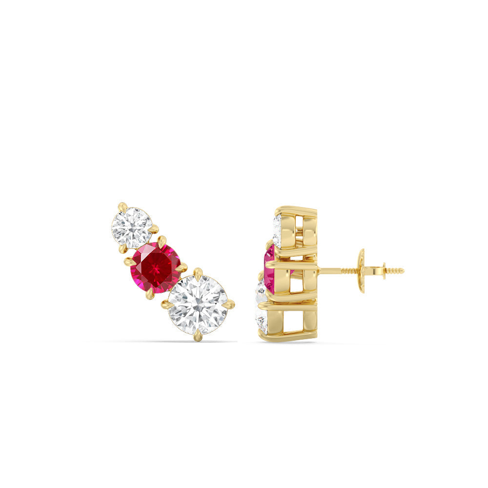 Trilogy Graduating Climber Diamond and Created Ruby Earrings with 14KT Yellow Gold Cut Diamond in 14KT Yellow Gold view 2
