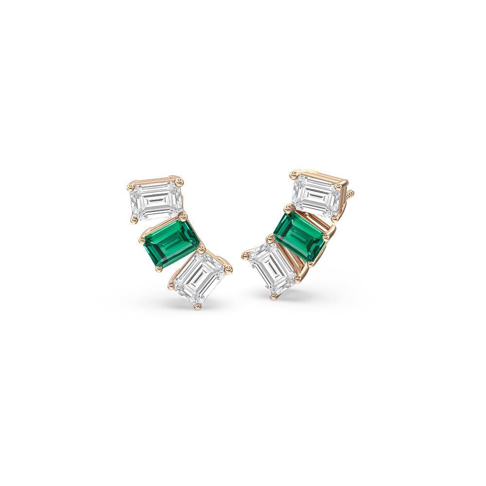 Trilogy Emerald Cut Diamond and Created Emerald Climber Earrings with 14KT Rose Gold Cut Diamond in 14KT Rose Gold view 1
