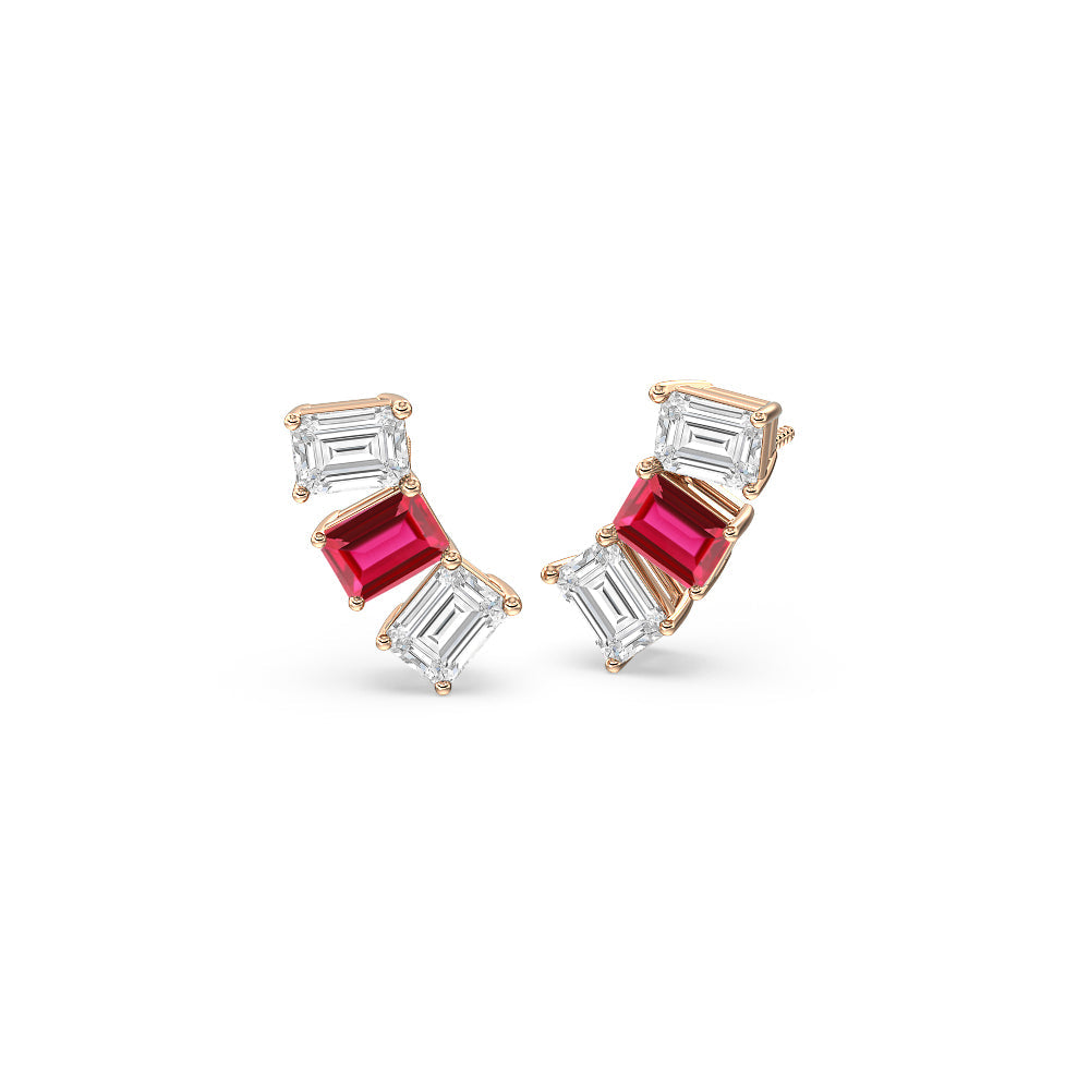 Trilogy Emerald Cut Diamond and Created Ruby Climber Earrings with 14KT Rose Gold Cut Diamond in 14KT Rose Gold view 1
