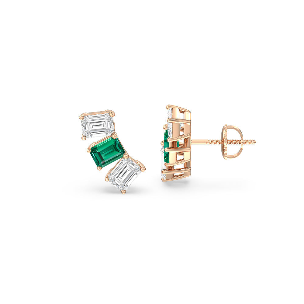 Trilogy Emerald Cut Diamond and Created Emerald Climber Earrings with 14KT Rose Gold Cut Diamond in 14KT Rose Gold view 2
