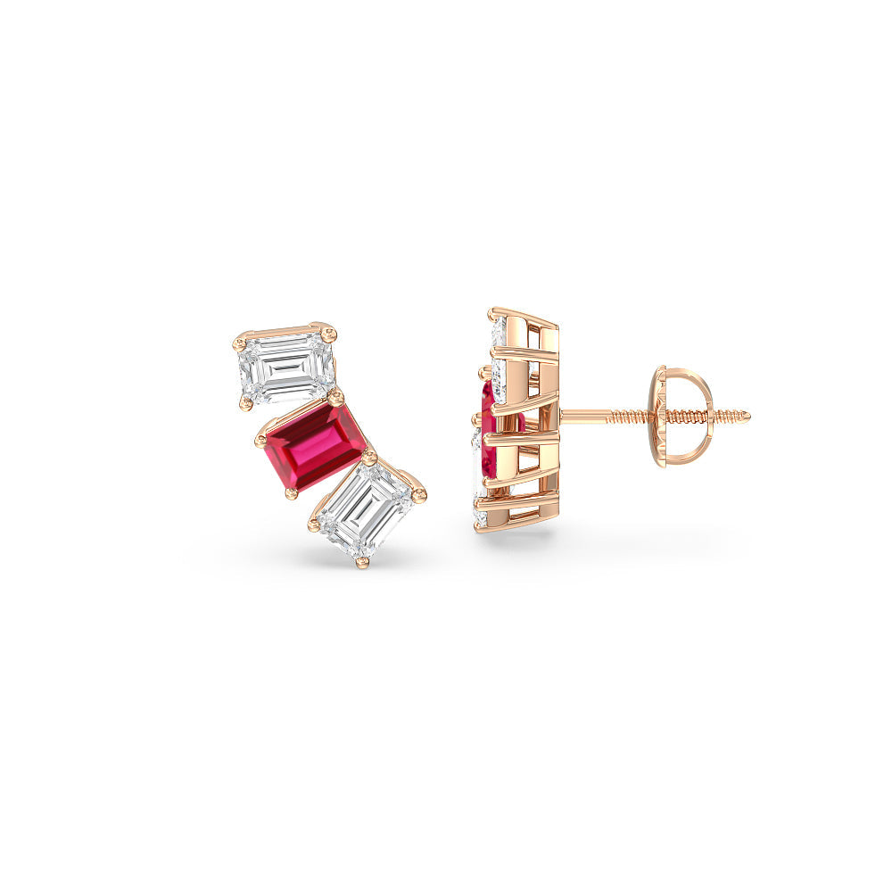 Trilogy Emerald Cut Diamond and Created Ruby Climber Earrings with 14KT Rose Gold Cut Diamond in 14KT Rose Gold view 2
