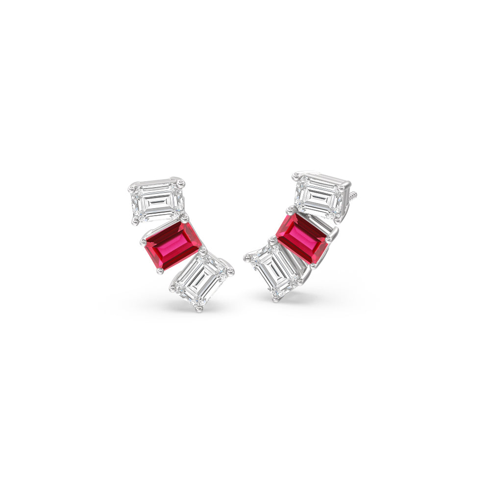 Trilogy Emerald Cut Diamond and Created Ruby Climber Earrings with 14KT White Gold Cut Diamond in 14KT White Gold view 1
