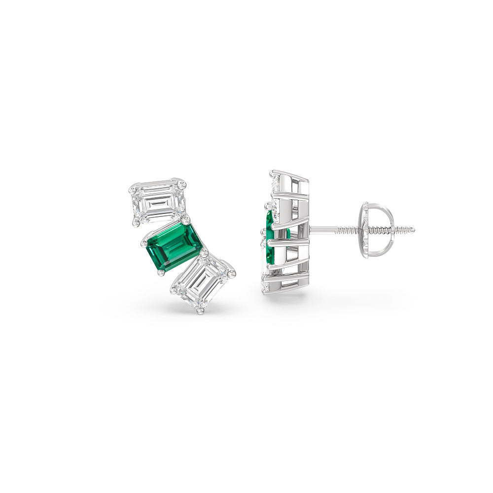 Trilogy Emerald Cut Diamond and Created Emerald Climber Earrings with 14KT White Gold Cut Diamond in 14KT White Gold view 2
