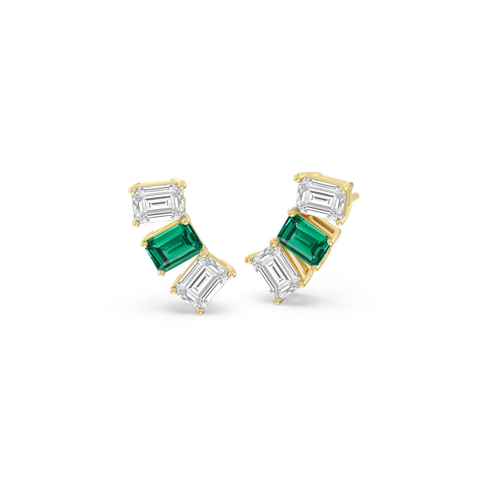 Trilogy Emerald Cut Diamond and Created Emerald Climber Earrings with 14KT Yellow Gold Cut Diamond in 14KT Yellow Gold view 1
