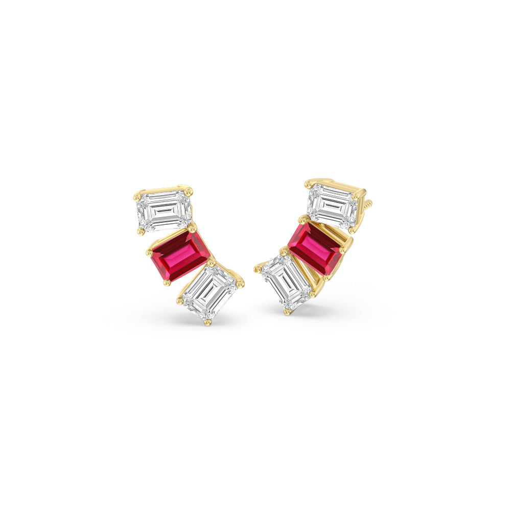Trilogy Emerald Cut Diamond and Created Ruby Climber Earrings with 14KT Yellow Gold Cut Diamond in 14KT Yellow Gold view 1
