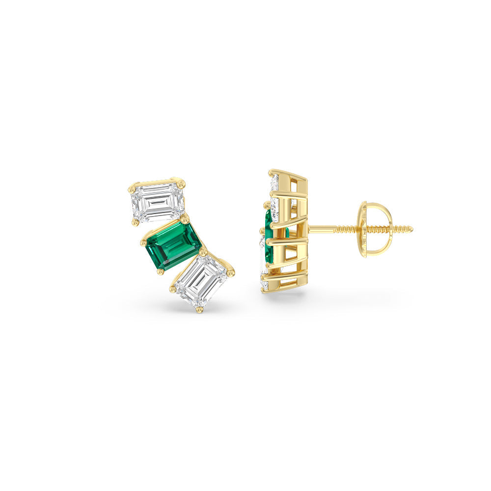 Trilogy Emerald Cut Diamond and Created Emerald Climber Earrings with 14KT Yellow Gold Cut Diamond in 14KT Yellow Gold view 2
