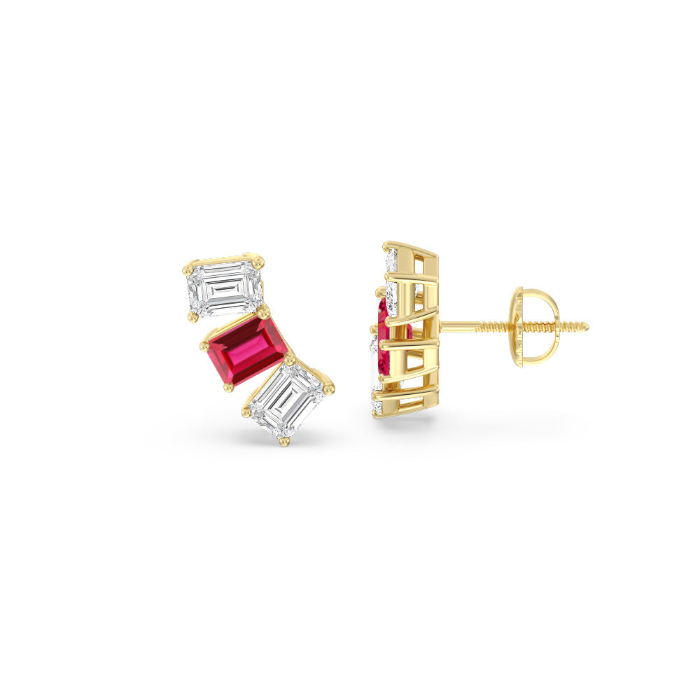 Trilogy Emerald Cut Diamond and Created Ruby Climber Earrings with 14KT Yellow Gold Cut Diamond in 14KT Yellow Gold view 2
