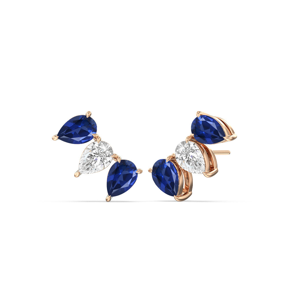 Trilogy Pear Cut Diamond and Created Sapphire Climber Earrings with 14KT Rose Gold Cut Diamond in 14KT Rose Gold view 1
