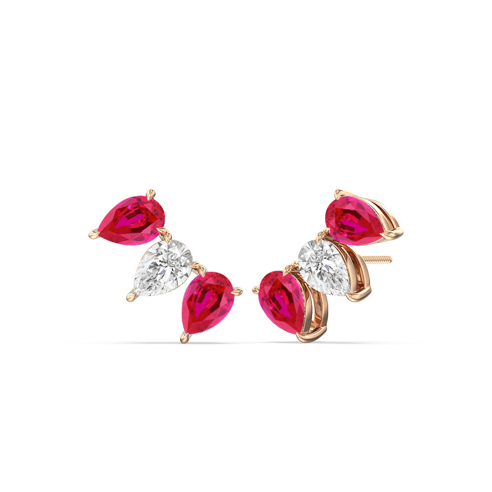 Trilogy Pear Cut Diamond and Created Ruby Climber Earrings with 14KT Rose Gold Cut Diamond in 14KT Rose Gold view 1
