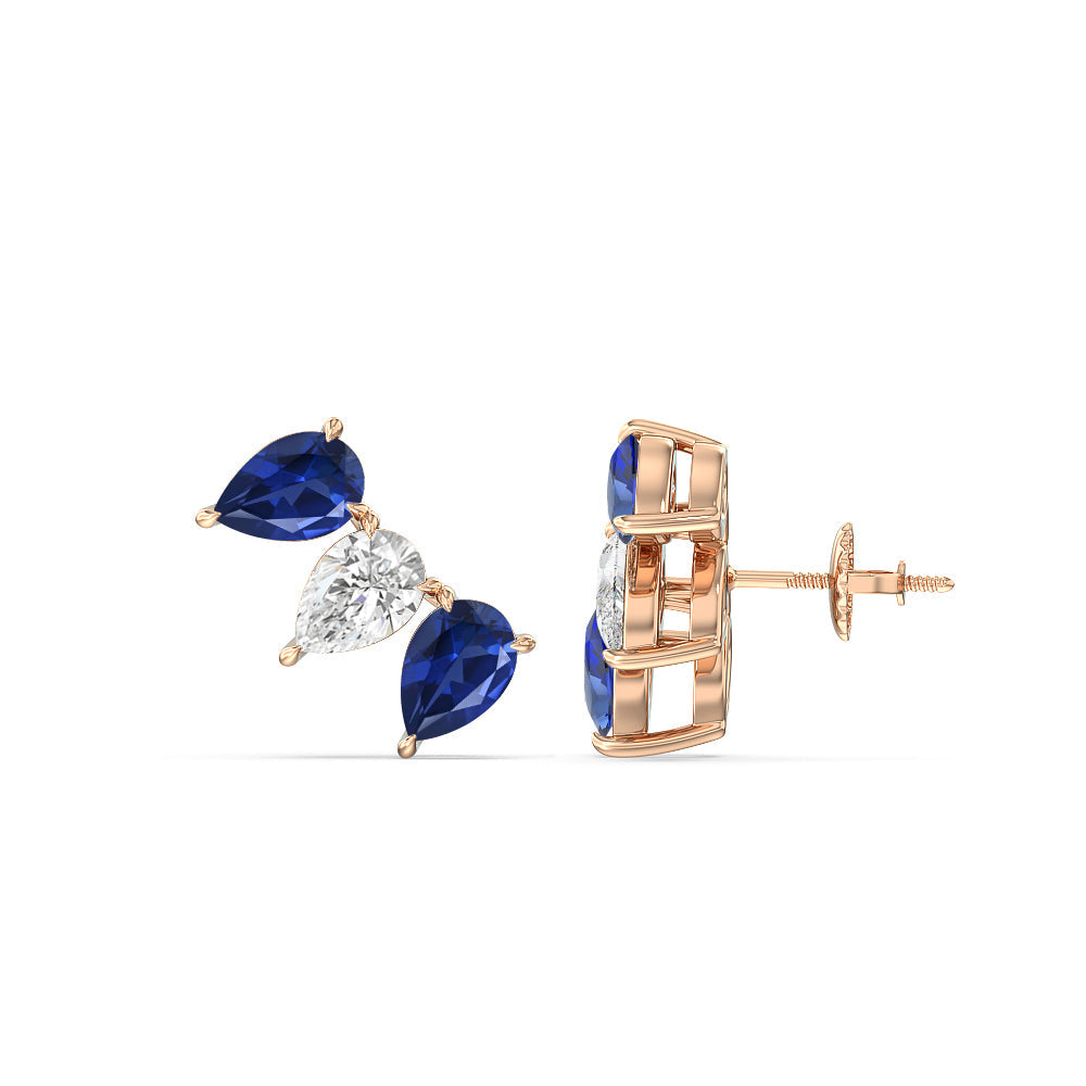 Trilogy Pear Cut Diamond and Created Sapphire Climber Earrings with 14KT Rose Gold Cut Diamond in 14KT Rose Gold view 2
