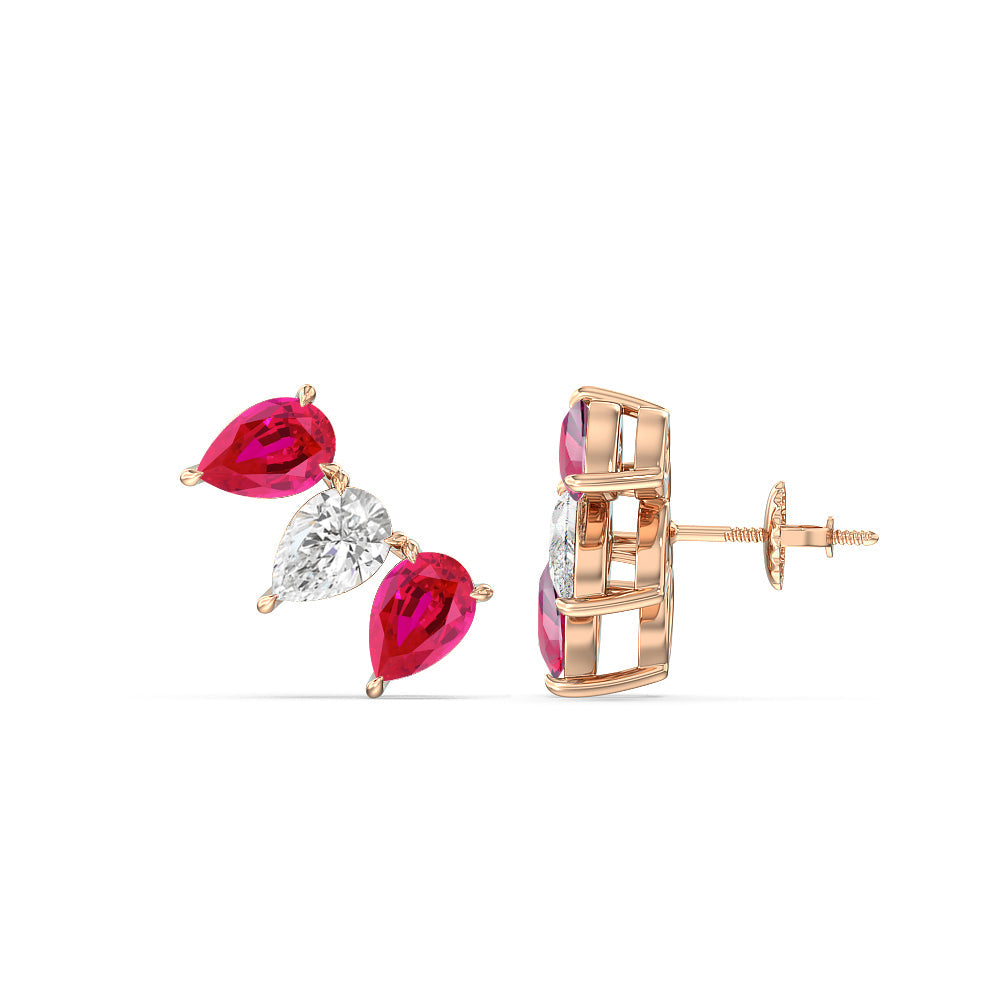 Trilogy Pear Cut Diamond and Created Ruby Climber Earrings with 14KT Rose Gold Cut Diamond in 14KT Rose Gold view 2
