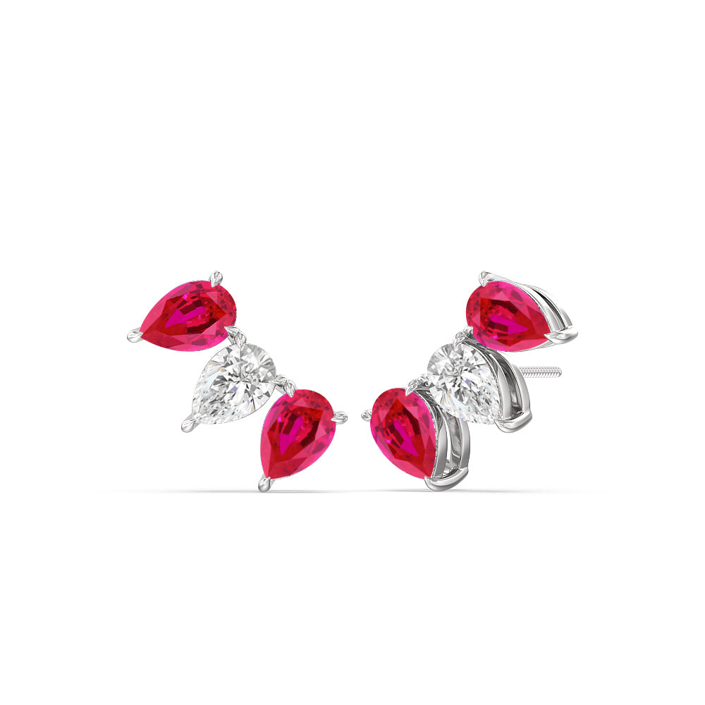Trilogy Pear Cut Diamond and Created Ruby Climber Earrings with 14KT White Gold Cut Diamond in 14KT White Gold view 1
