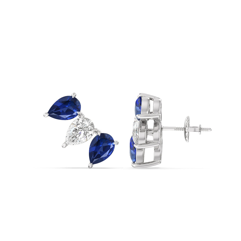 Trilogy Pear Cut Diamond and Created Sapphire Climber Earrings with 14KT White Gold Cut Diamond in 14KT White Gold view 2

