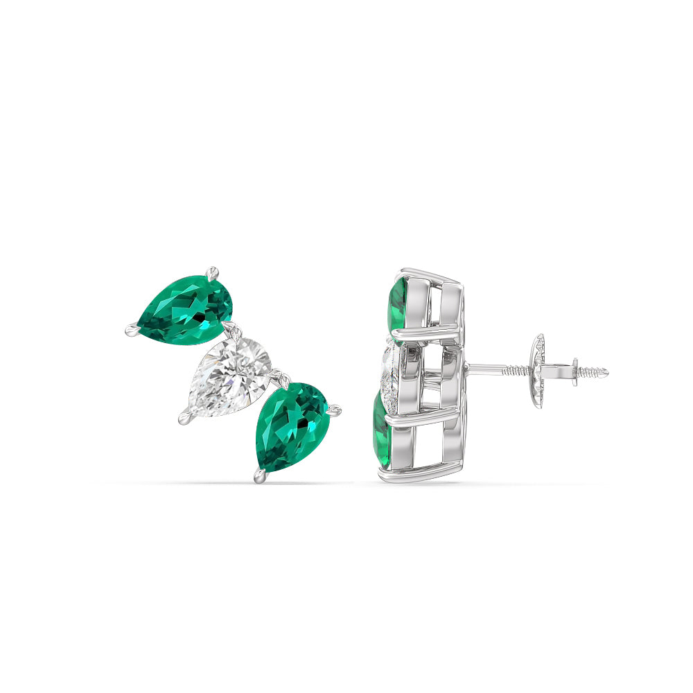 Trilogy Pear Cut Diamond and Created Emerald Climber Earrings with 14KT White Gold Cut Diamond in 14KT White Gold view 2
