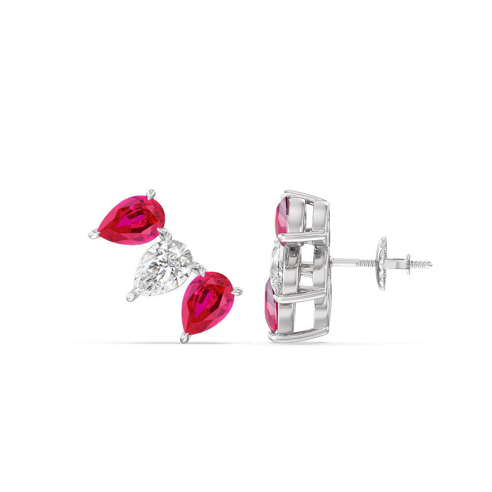 Trilogy Pear Cut Diamond and Created Ruby Climber Earrings with 14KT White Gold Cut Diamond in 14KT White Gold view 2
