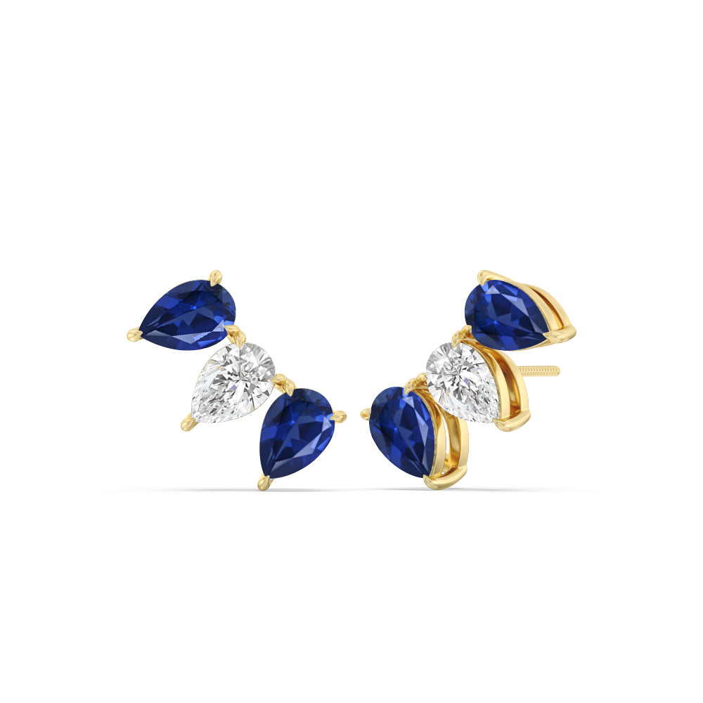 Trilogy Pear Cut Diamond and Created Sapphire Climber Earrings with 14KT Yellow Gold Cut Diamond in 14KT Yellow Gold view 1

