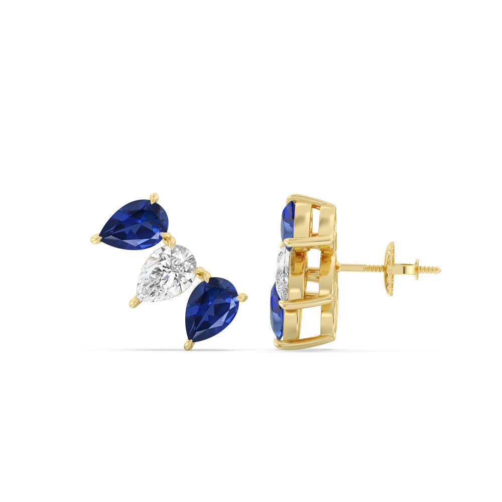 Trilogy Pear Cut Diamond and Created Sapphire Climber Earrings with 14KT Yellow Gold Cut Diamond in 14KT Yellow Gold view 2
