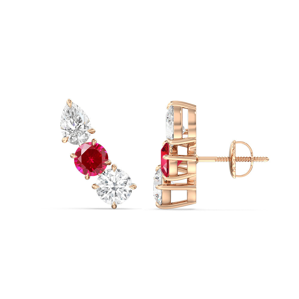 Trilogy Round and Pear Diamond and Created Ruby Climber Earrings with 14KT Rose Gold Cut Diamond in 14KT Rose Gold view 2

