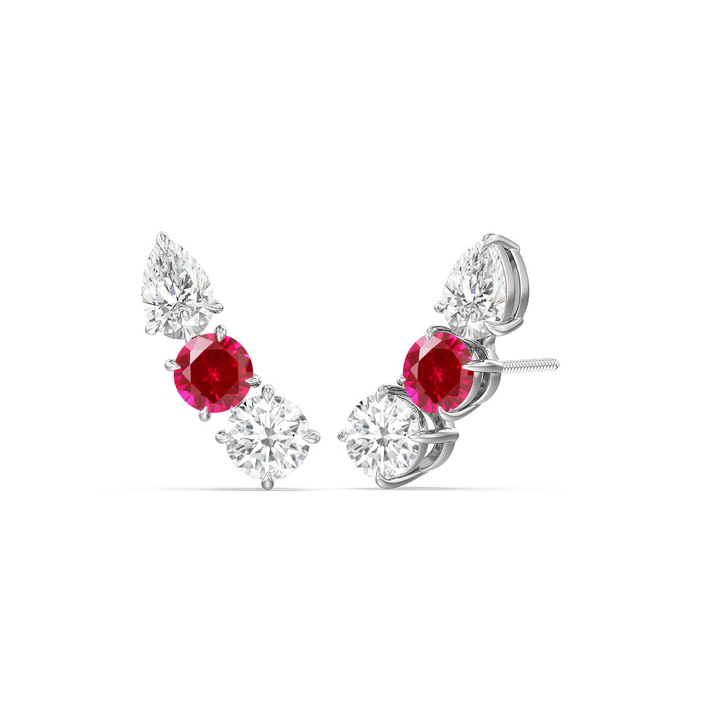 Trilogy Round and Pear Diamond and Created Ruby Climber Earrings with 14KT White Gold Cut Diamond in 14KT White Gold view 1
