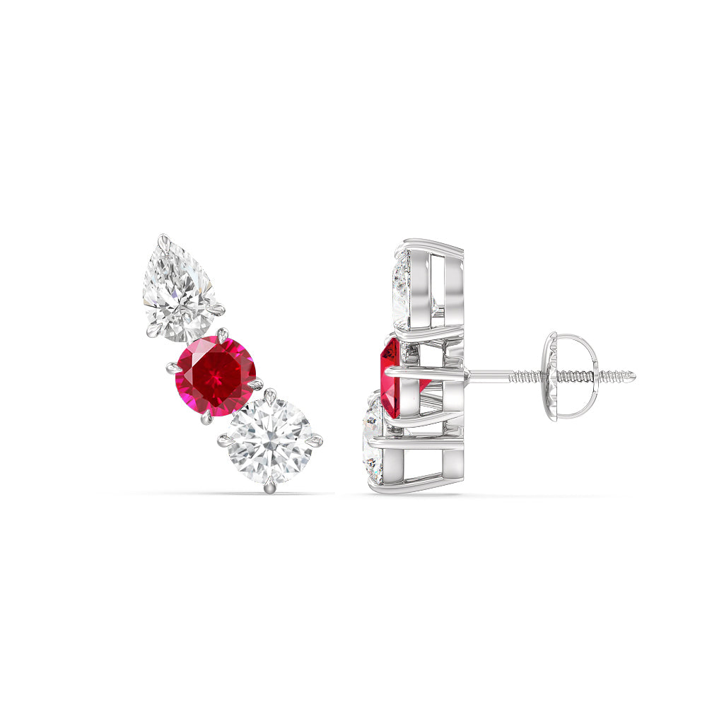 Trilogy Round and Pear Diamond and Created Ruby Climber Earrings with 14KT White Gold Cut Diamond in 14KT White Gold view 2
