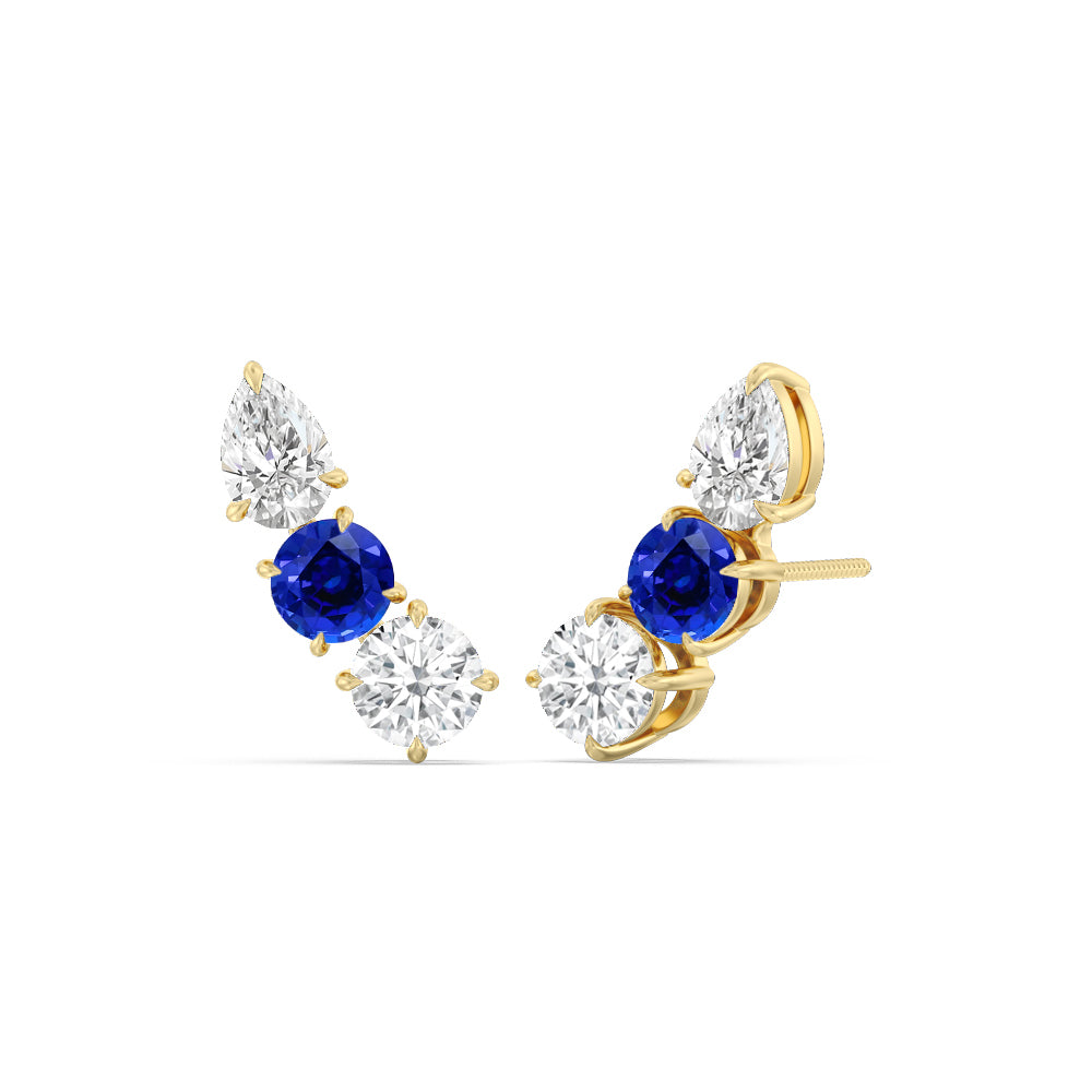 Trilogy Round and Pear Diamond and Created Sapphire Climber Earrings with 14KT Yellow Gold Cut Diamond in 14KT Yellow Gold view 1
