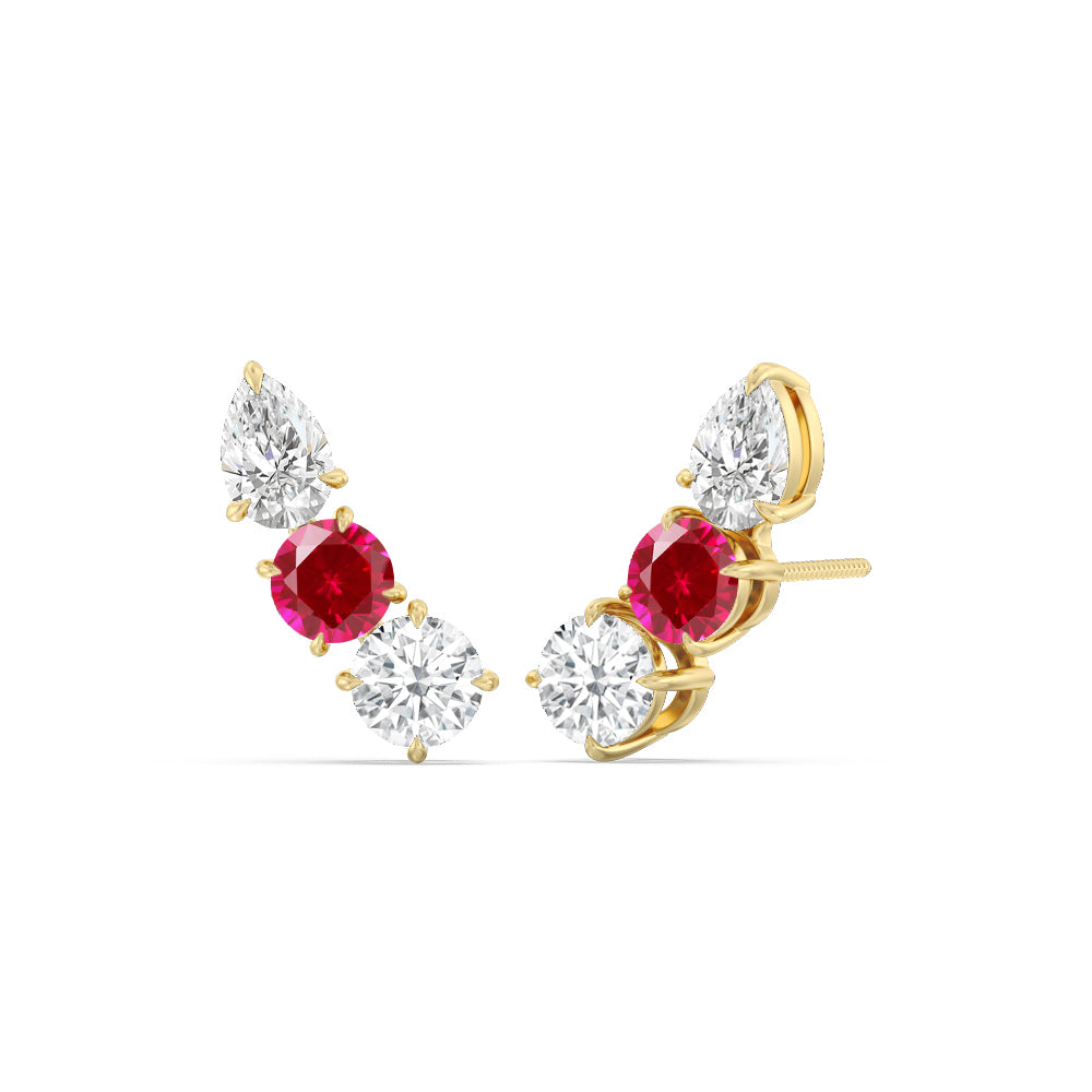 Trilogy Round and Pear Diamond and Created Ruby Climber Earrings with 14KT Yellow Gold Cut Diamond in 14KT Yellow Gold view 1
