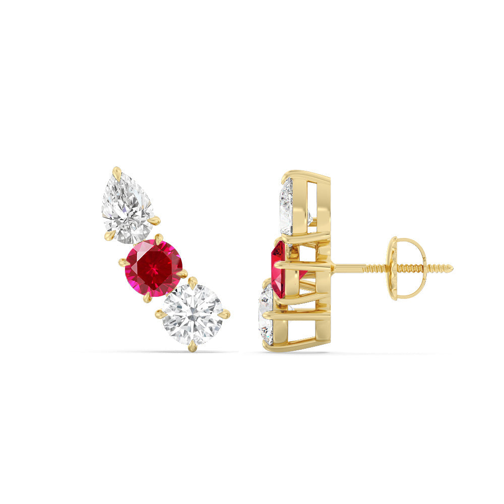 Trilogy Round and Pear Diamond and Created Ruby Climber Earrings with 14KT Yellow Gold Cut Diamond in 14KT Yellow Gold view 2
