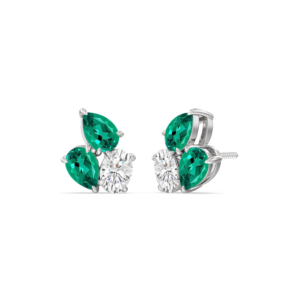 Trilogy Genesis Diamond and Created Emerald Earrings with 14KT White Gold Cut Diamond in 14KT White Gold view 1
