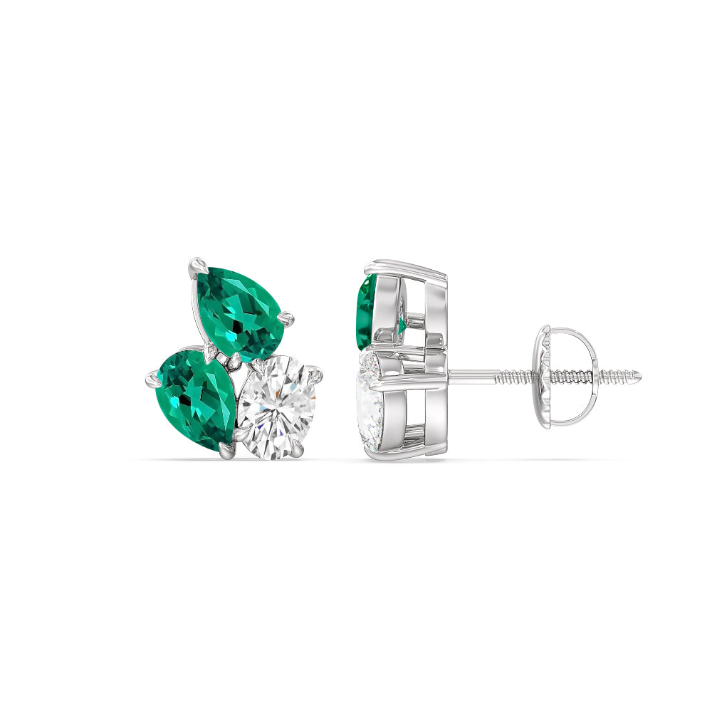 Trilogy Genesis Diamond and Created Emerald Earrings with 14KT White Gold Cut Diamond in 14KT White Gold view 2
