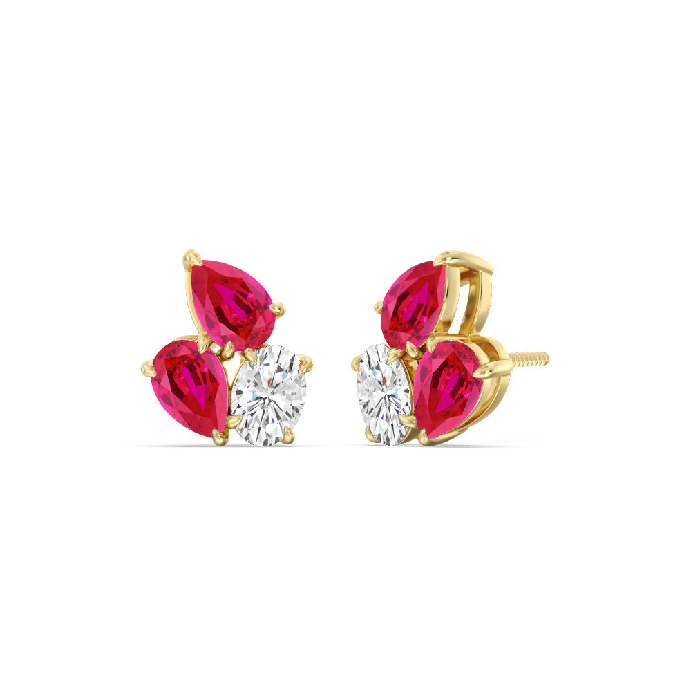 Trilogy Genesis Diamond and Created Ruby Earrings with 14KT Yellow Gold Cut Diamond in 14KT Yellow Gold view 1
