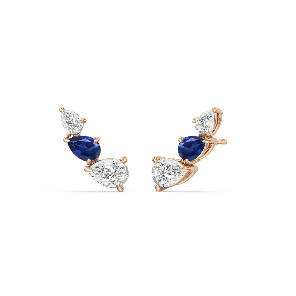 Trilogy Pear Shape Diamond and Created Sapphire Concave Climber Earrings with 14KT Rose Gold Cut Diamond in 14KT Rose Gold view 1
