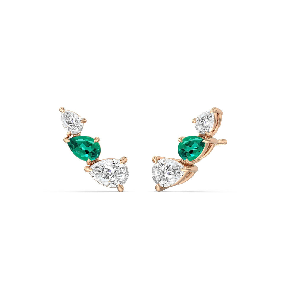 Trilogy Pear Shape Diamond and Created Emerald Concave Climber Earrings with 14KT Rose Gold Cut Diamond in 14KT Rose Gold view 1
