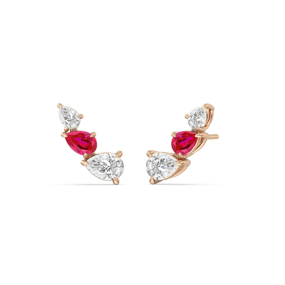 Trilogy Pear Shape Diamond and Created Ruby Concave Climber Earrings with 14KT Rose Gold Cut Diamond in 14KT Rose Gold view 1
