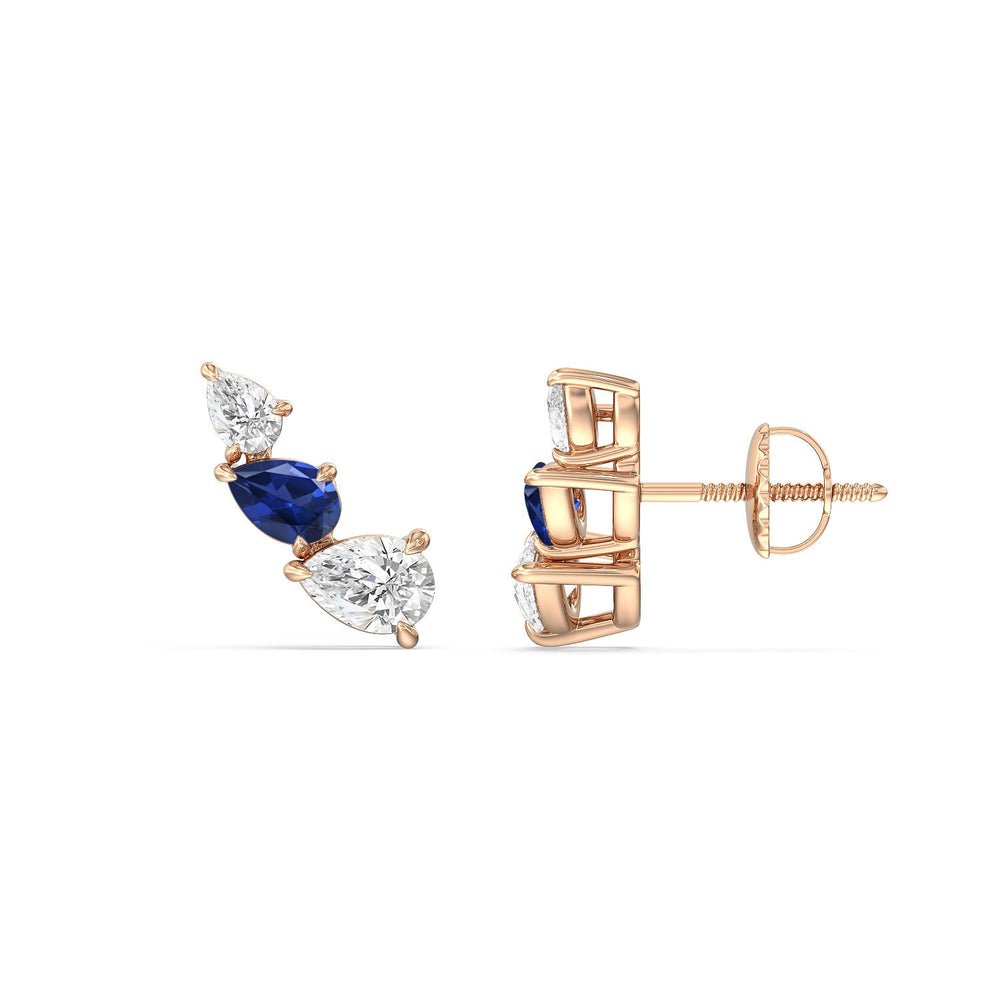 Trilogy Pear Shape Diamond and Created Sapphire Concave Climber Earrings with 14KT Rose Gold Cut Diamond in 14KT Rose Gold view 2
