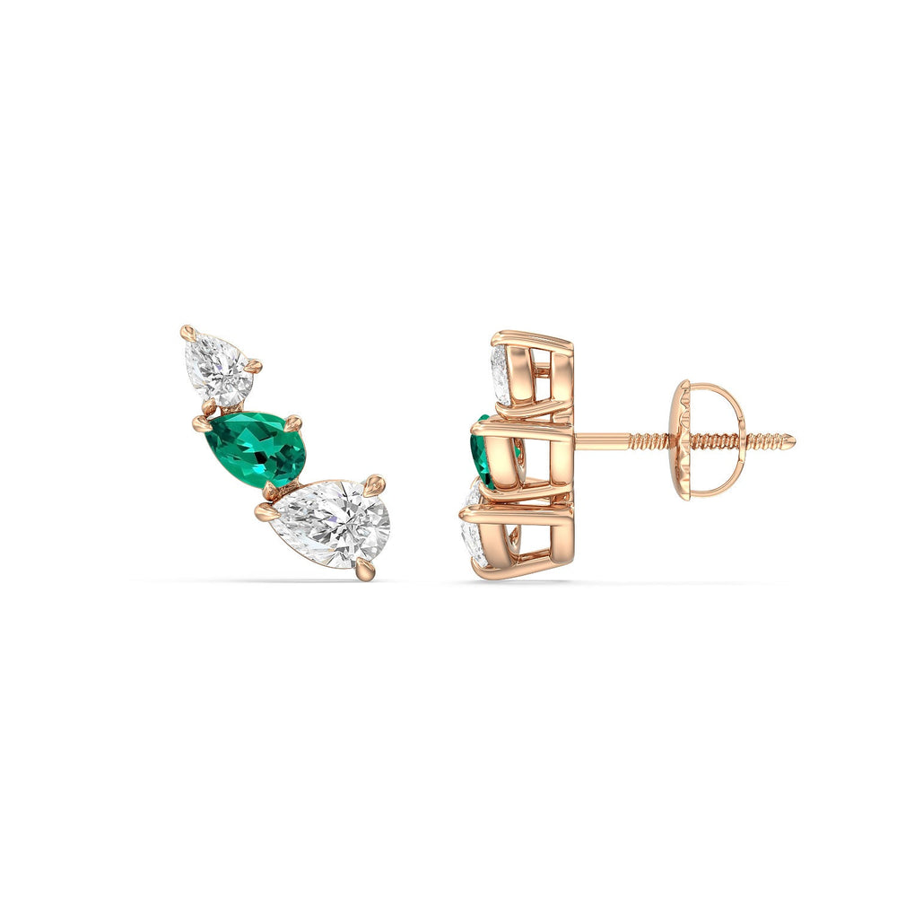 Trilogy Pear Shape Diamond and Created Emerald Concave Climber Earrings with 14KT Rose Gold Cut Diamond in 14KT Rose Gold view 2
