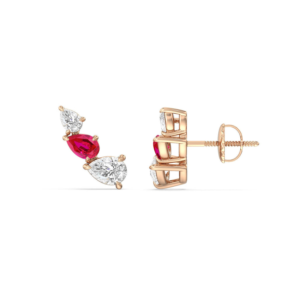 Trilogy Pear Shape Diamond and Created Ruby Concave Climber Earrings with 14KT Rose Gold Cut Diamond in 14KT Rose Gold view 2
