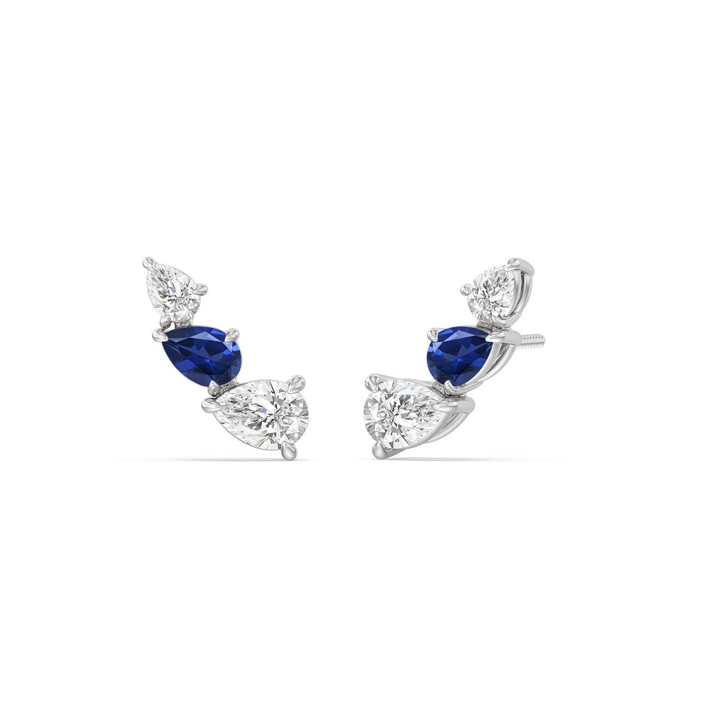 Trilogy Pear Shape Diamond and Created Sapphire Concave Climber Earrings with 14KT White Gold Cut Diamond in 14KT White Gold view 1
