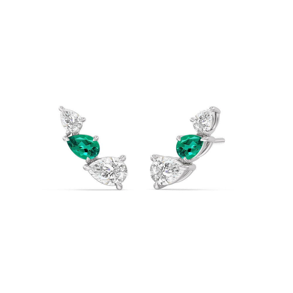 Trilogy Pear Shape Diamond and Created Emerald Concave Climber Earrings with 14KT White Gold Cut Diamond in 14KT White Gold view 1
