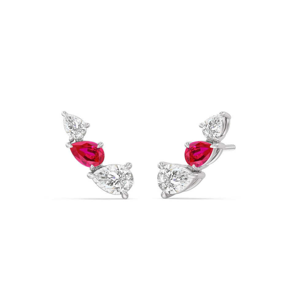 Trilogy Pear Shape Diamond and Created Ruby Concave Climber Earrings with 14KT White Gold Cut Diamond in 14KT White Gold view 1
