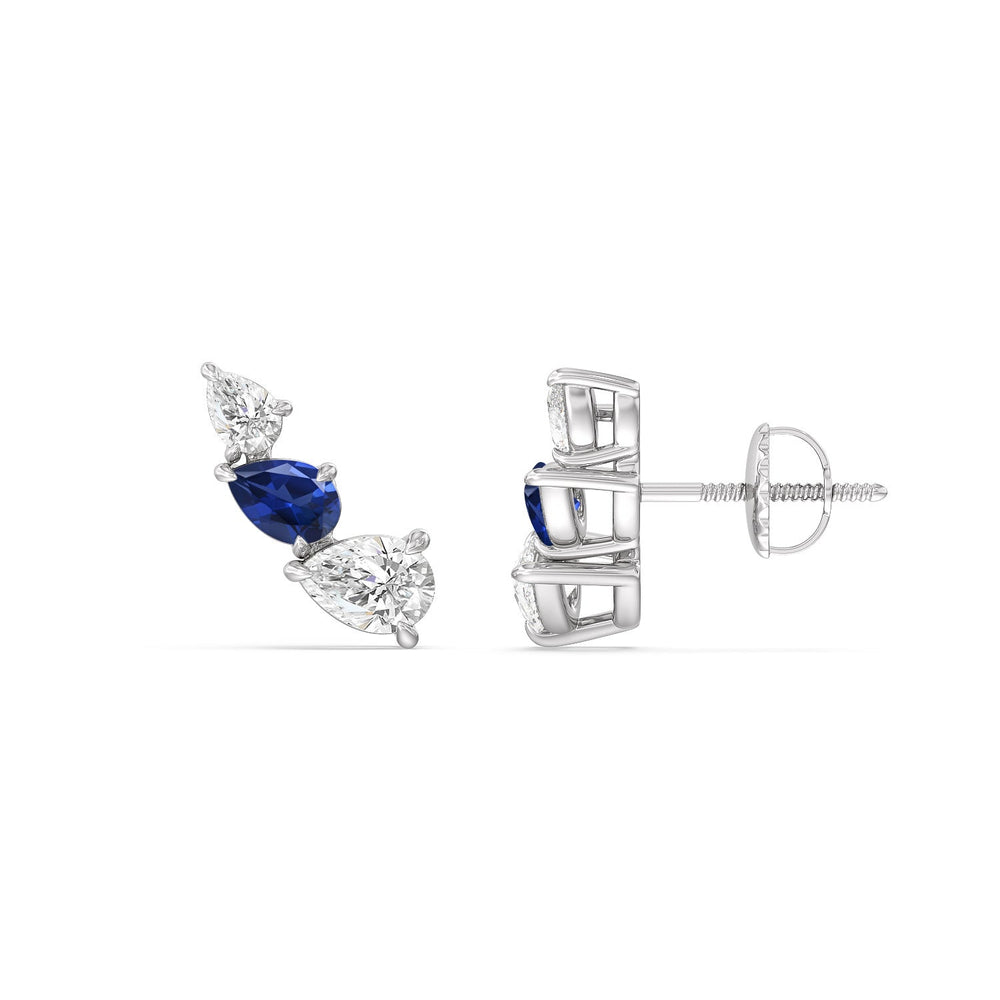 Trilogy Pear Shape Diamond and Created Sapphire Concave Climber Earrings with 14KT White Gold Cut Diamond in 14KT White Gold view 2
