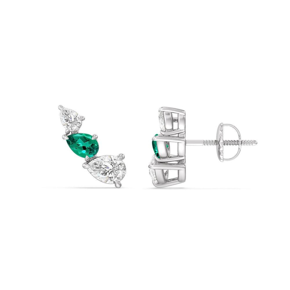 Trilogy Pear Shape Diamond and Created Emerald Concave Climber Earrings with 14KT White Gold Cut Diamond in 14KT White Gold view 2

