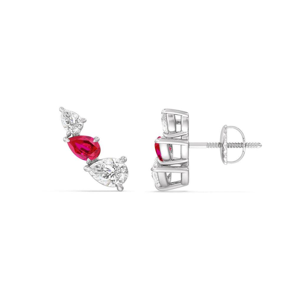 Trilogy Pear Shape Diamond and Created Ruby Concave Climber Earrings with 14KT White Gold Cut Diamond in 14KT White Gold view 2
