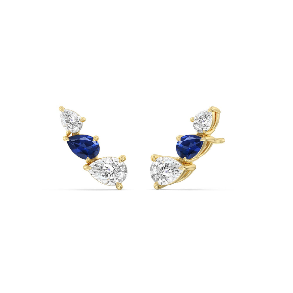 Trilogy Pear Shape Diamond and Created Sapphire Concave Climber Earrings with 14KT Yellow Gold Cut Diamond in 14KT Yellow Gold view 1
