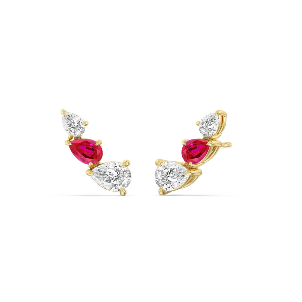Trilogy Pear Shape Diamond and Created Ruby Concave Climber Earrings with 14KT Yellow Gold Cut Diamond in 14KT Yellow Gold view 1
