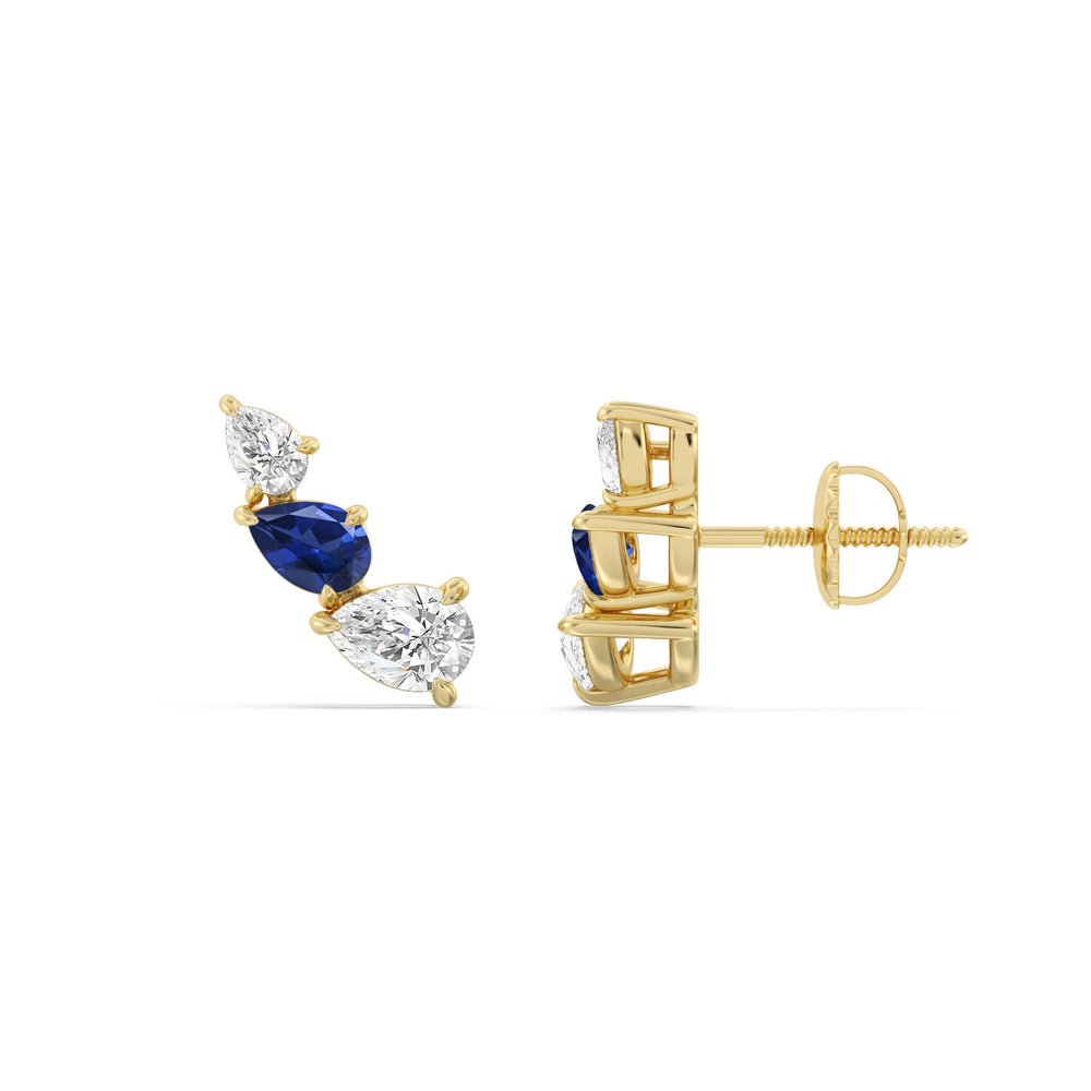 Trilogy Pear Shape Diamond and Created Sapphire Concave Climber Earrings with 14KT Yellow Gold Cut Diamond in 14KT Yellow Gold view 2
