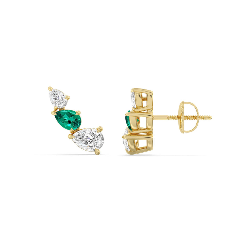 Trilogy Pear Shape Diamond and Created Emerald Concave Climber Earrings with 14KT Yellow Gold Cut Diamond in 14KT Yellow Gold view 2
