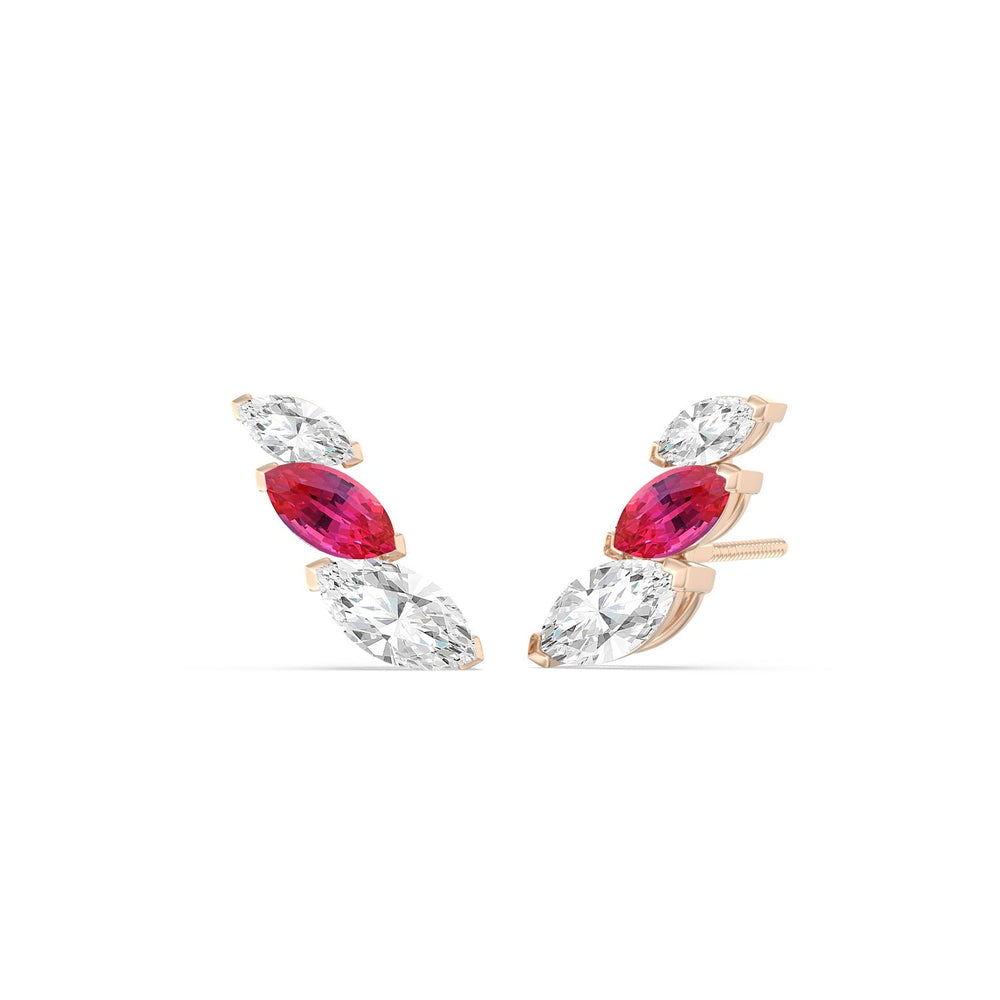 Trilogy Marquise Diamond and Created Ruby Climber Earrings with 14KT Rose Gold Cut Diamond in 14KT Rose Gold view 1
